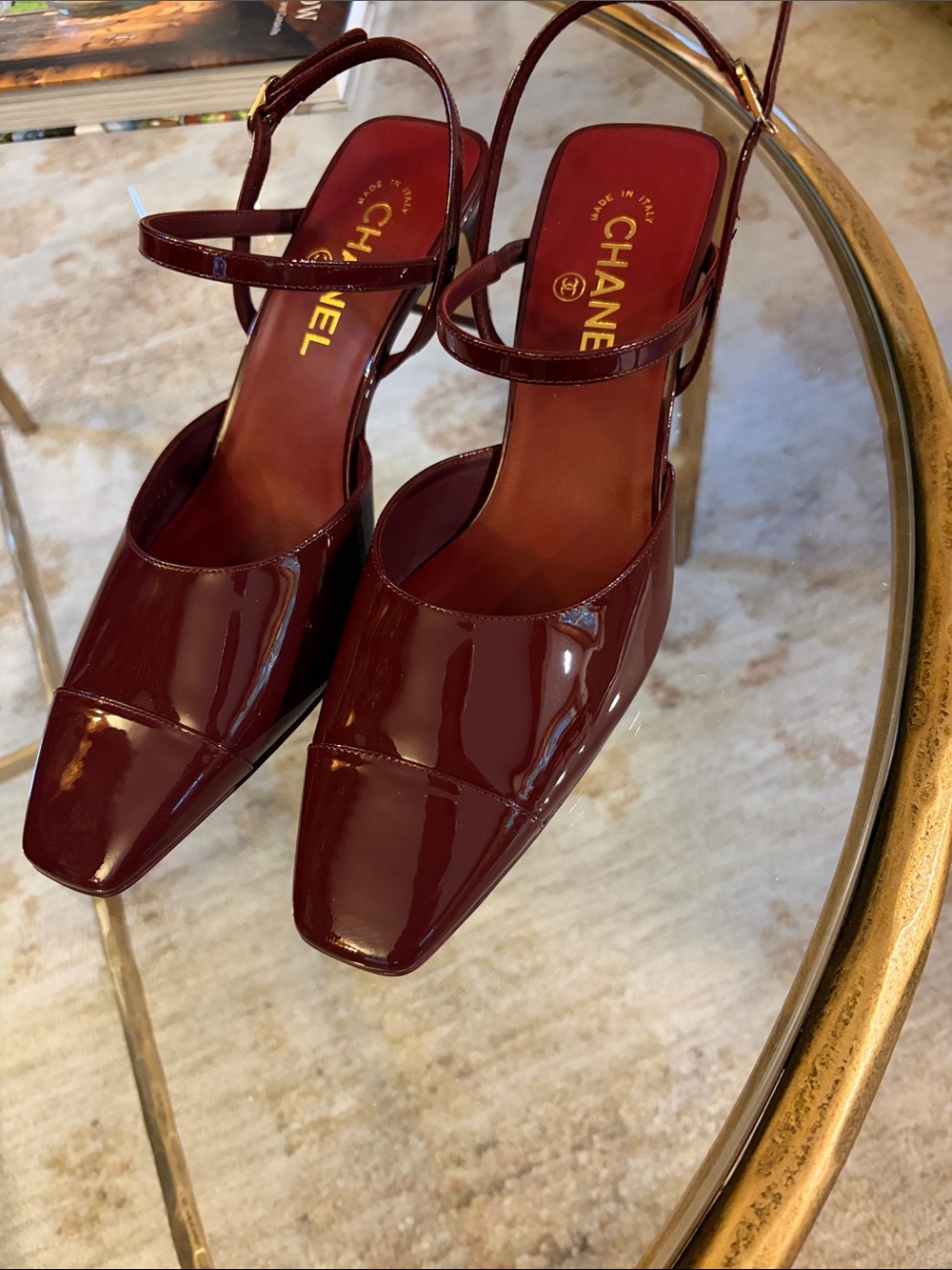 CHANEL Burgundy Patent Leather Square-Toe Slingback Mules. Brand New. Size 8.5